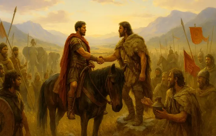 Rhone Vadisi’nde Hannibal’ın Galyalı kabile lideriyle ittifak için el sıkıştığı sahne; çevrede Kartacalı askerler, savaş fillerinin siluetleri ve dağlık vadi manzarası.